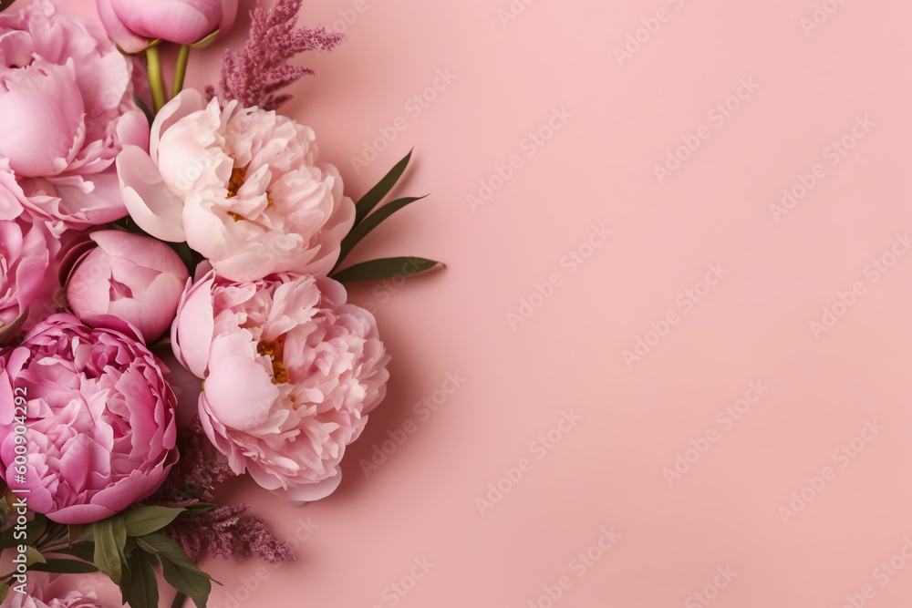 Peonies, roses on pink background with copy space. Abstract natural floral frame layout with text space. Romantic feminine composition. AI generative