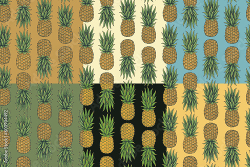Exotic pineapple fruit juice seamless pattern set for design of summer background. Tropical yellow wallpaper collection with slice of pineapple
