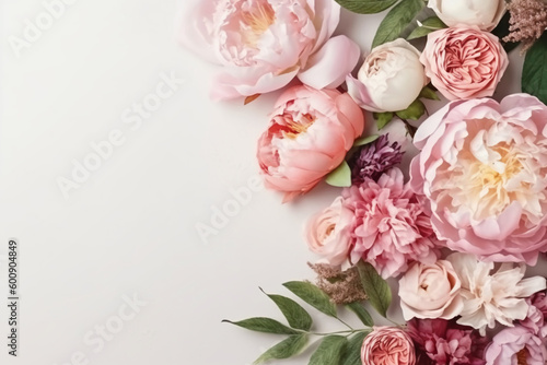 Peonies, roses on white background with copy space. Abstract natural floral frame layout with text space. Romantic feminine composition. Wedding invitation. AI generative