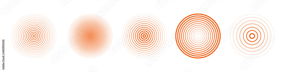 Red concentric ripple circles set. Sonar or sound wave rings collection. Epicentre, target, radar icon concept. Radial signal or vibration elements. Vector 10 eps. - obrazy, fototapety, plakaty 