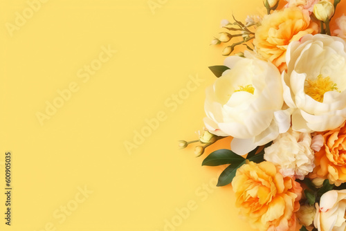 Peonies, roses on yellow background with copy space. Abstract natural floral frame layout with text space. Romantic feminine composition. Wedding invitation.. AI generative