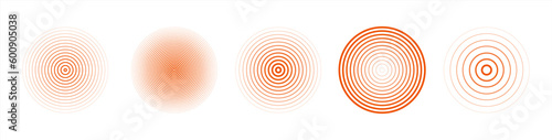 Red concentric ripple circles set. Sonar or sound wave rings collection. Epicentre, target, radar icon concept. Radial signal or vibration elements. Vector 10 eps.