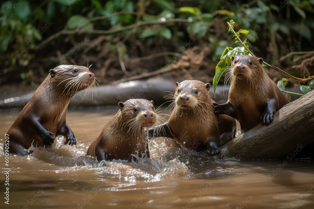 Obraz premium Cute playful seal swimming in blue water. A family of otters playing in a river. Giant river otter in the nature habitat. 3D realistic illustration. Generative AI
