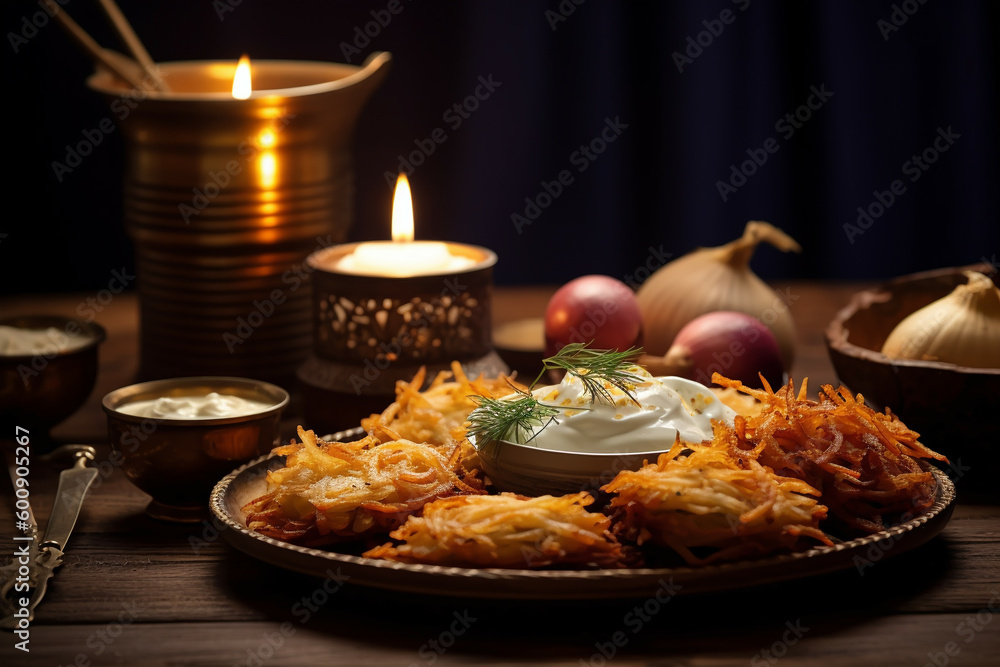 Traditional Hanukkah Food on plate, Generative AI