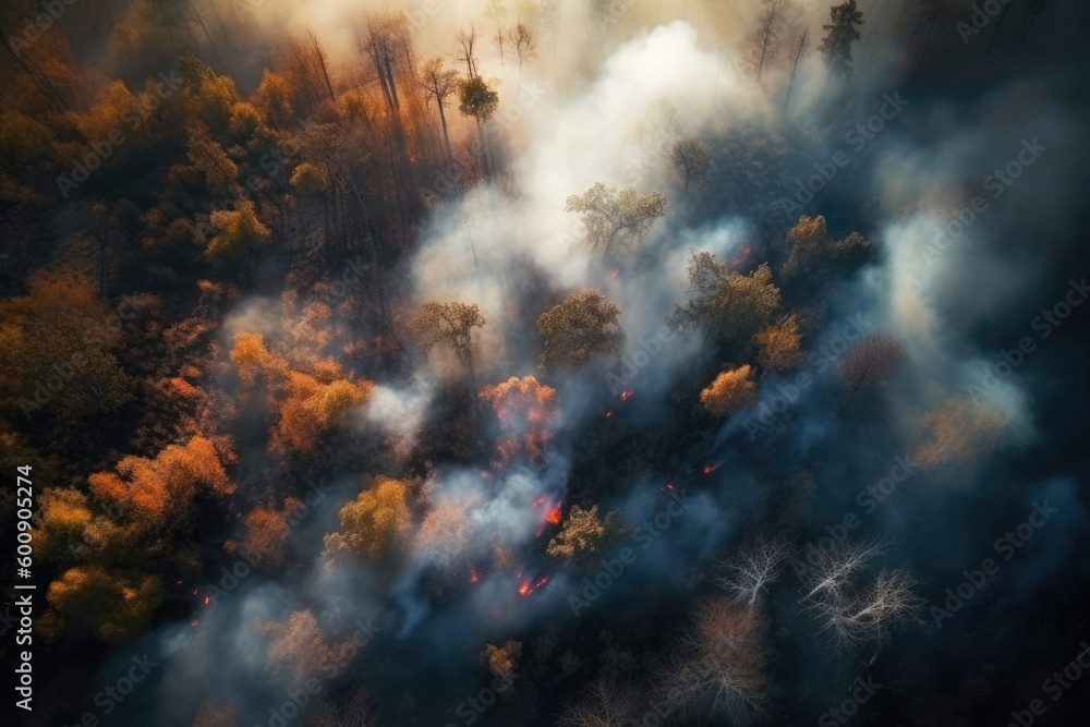 Fire in the forest, top view. Ai generated.