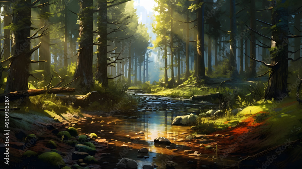 Obraz premium mysterious forest in the morning with trees mist and fog