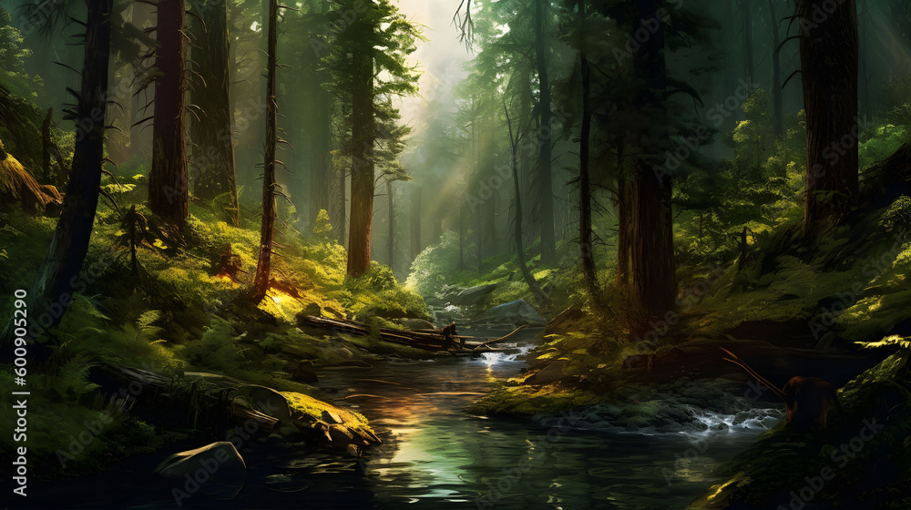 Fototapeta premium mysterious forest in the morning with trees mist and fog