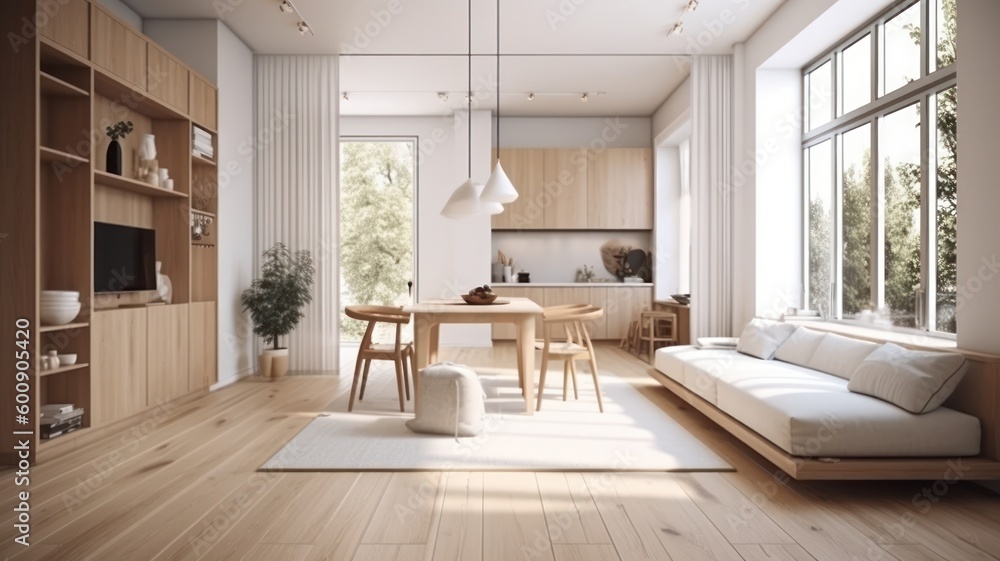 Obraz premium Dining room and kitchen in a new open plan home. Features White walls and ceiling and parquet floors. Beautiful furniture made of wood and marble light-colored furniture fronts Generative AI