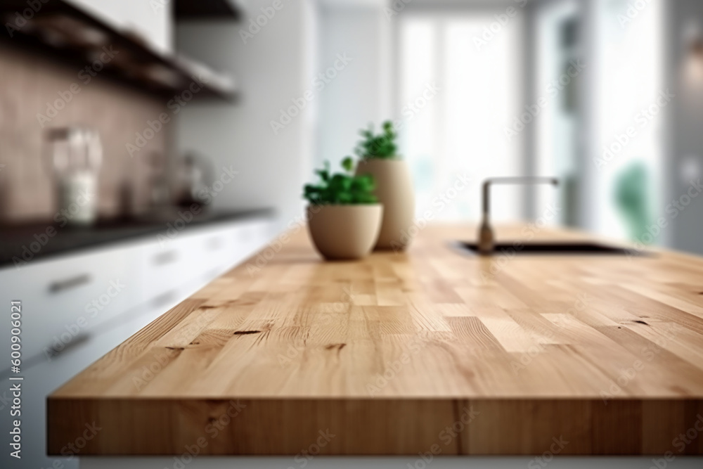 Wooden table top on blur kitchen room background. AI generative