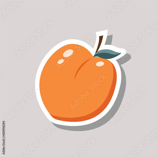 Vector peach sticker design. Simple illustration of a peach fruit with leaf with white contour.