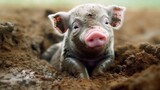A cute piglet rolling in mud. AI generated