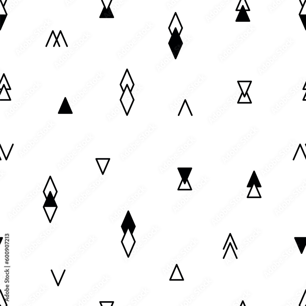 Double Triangles, Check marks and Rhombuses pattern. Boho pattern. Abstract Ethnic Seamless Pattern. Tribal Geometric Background. Black and White Wallpaper Double Triangles, Check marks and Rhombuses pattern. Boho pattern. Abstract Ethnic Seamless Pattern. Tribal Geometric Background. Black and White Wallpaper