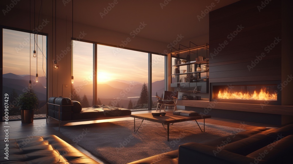 Large living room with stunning sunset views and large glass windows in a new luxury home Generative AI Large living room with stunning sunset views and large glass windows in a new luxury home Generative AI