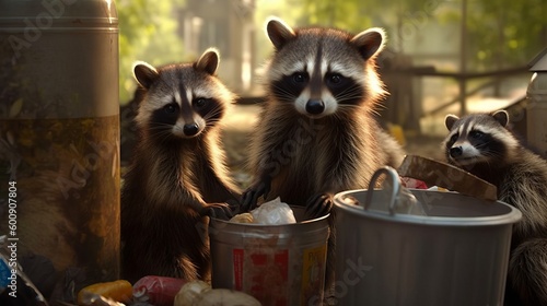 A family of raccoons sorting through garbage cans fo. AI generated