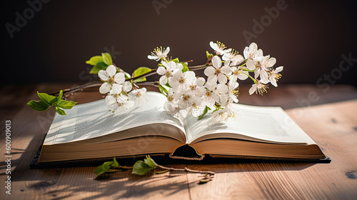 Open book with blossom branch illustration. Generative AI. © Absent Satu