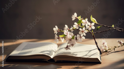 Open book with blossom branch illustration. Generative AI. © Absent Satu