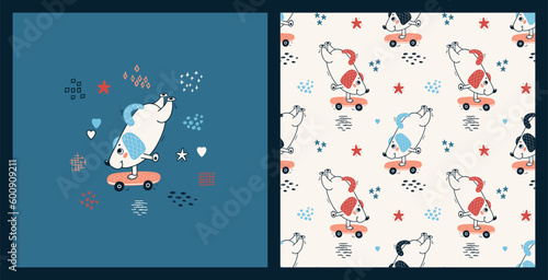 Cute Dog Riding Skateboard. Set of Seamless Pattern and Poster with Little Puppies. Vector Childish Background. Baby Funny Animal. Great for T-shirt Print Design for Kids