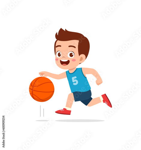 little kid play basketball and feel happy