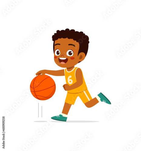 little kid play basketball and feel happy