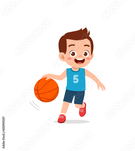 little kid play basketball and feel happy