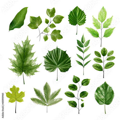 A set of green leaves on a transparent background. AI generativ. 