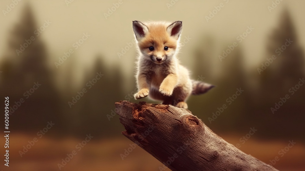 A fluffy fox cub jumping over obstacles. AI generated