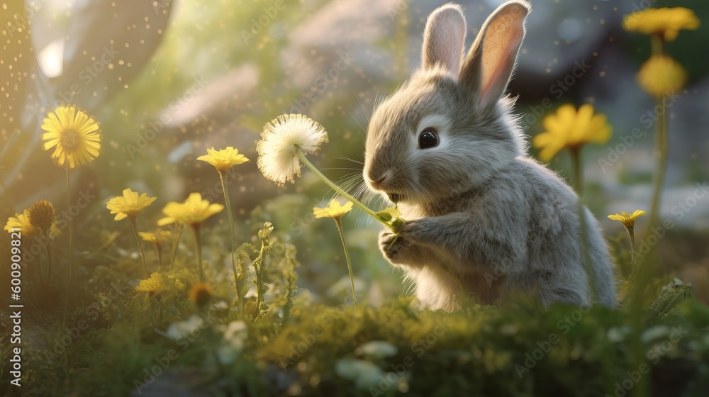 A fluffy grey bunny sniffing flowers in a garden. AI generated