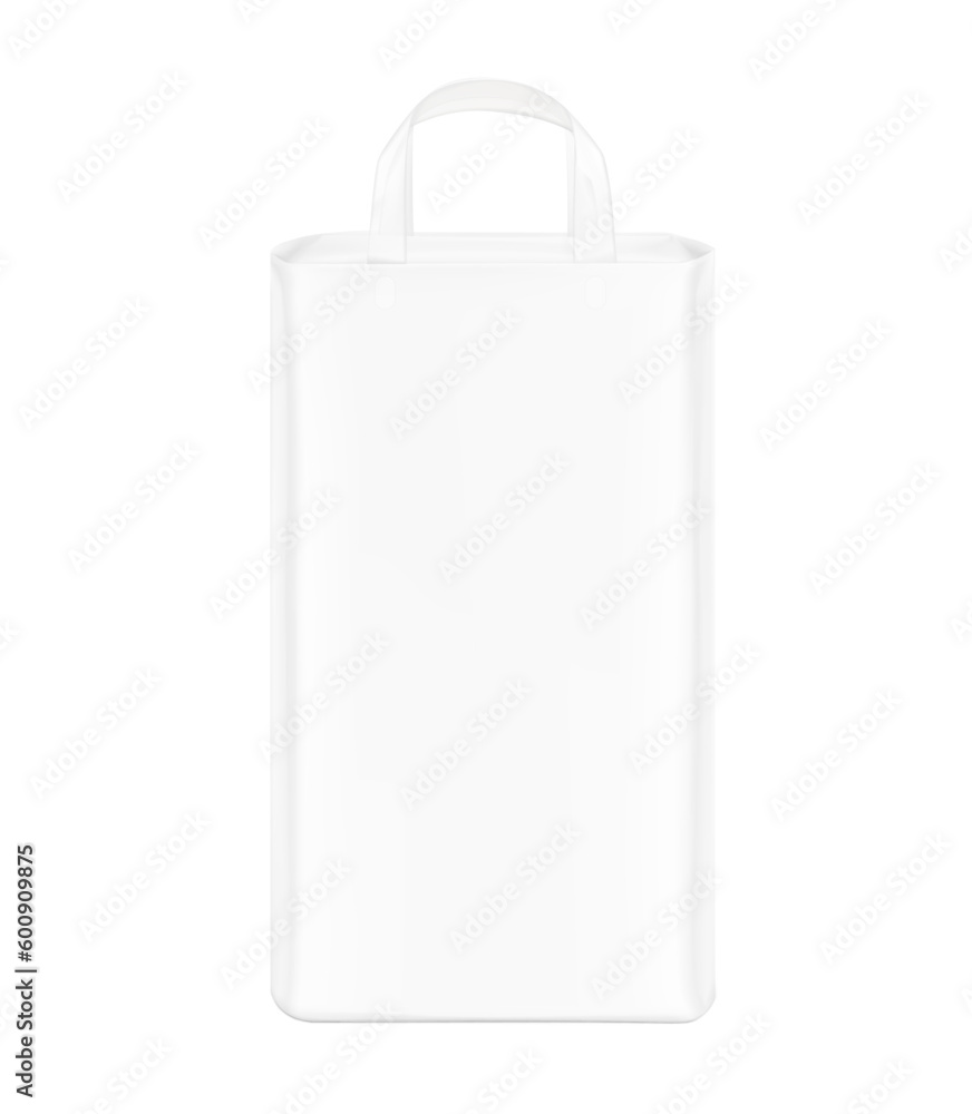 Realistic stand bag with plastic handle mockup. Front view. Vector illustration isolated on white background. Perfect for presentation diapers, pants, nappies, tissue, wipes, food etc. EPS10. Realistic stand bag with plastic handle mockup. Front view. Vector illustration isolated on white background. Perfect for presentation diapers, pants, nappies, tissue, wipes, food etc. EPS10.