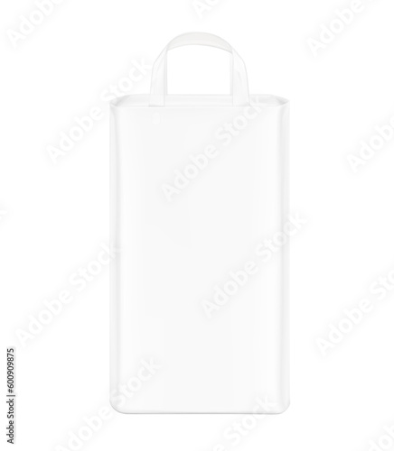 Realistic stand bag with plastic handle mockup. Front view. Vector illustration isolated on white background. Perfect for presentation diapers, pants, nappies, tissue, wipes, food etc. EPS10. 