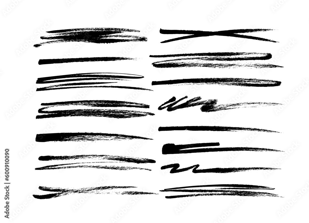 Brush drawn strikethrough vector elements. Set of grunge brush lines and strokes. Underline black graphic elements. Black ink doodle lines collection. Crosses strokes and curved thick stripes. - obrazy, fototapety, plakaty 