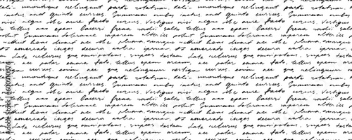 Unreadable poetry seamless banner. Cursive english text written by a pen. Linear cursive lettering, handwritten abstract text. Seamless horizontal pattern with latin or english illegible words. photo