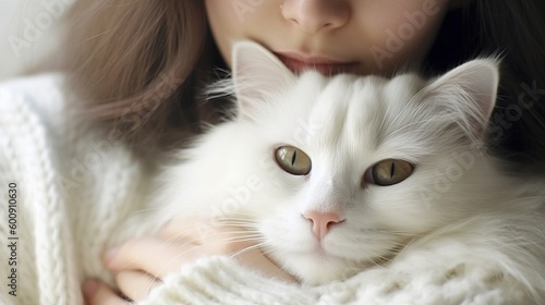 A fluffy white cat snuggling with its owner. AI generated