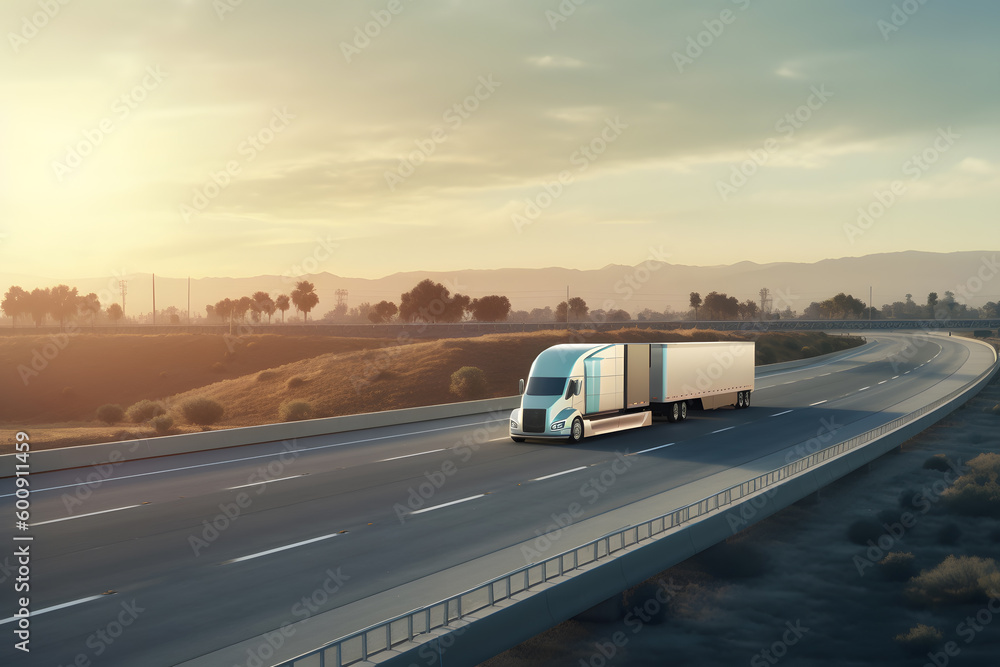Large cargo truck traveling on road, Generative AI Large cargo truck traveling on road, Generative AI