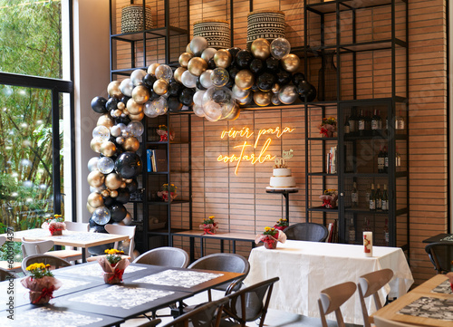 Happy Birthday Celebration room with balloons, tables and chairs in Medellin Colombia