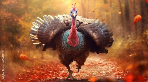 A funny turkey waddling around. AI generated photo