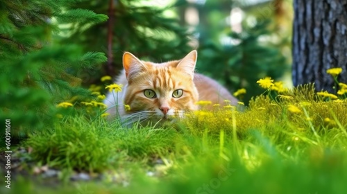 A cute cat hiding among the plants