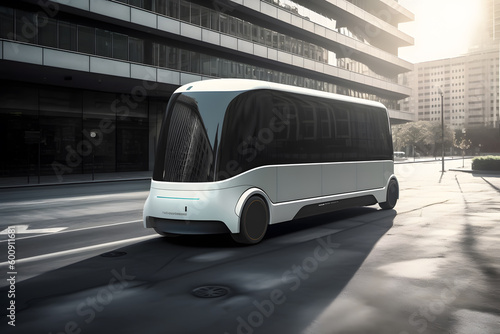 Autonomous self driving bus on the road, Generative AI