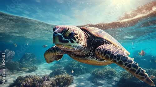 A gentle sea turtle swimming in the ocean. AI generated © ArtStage