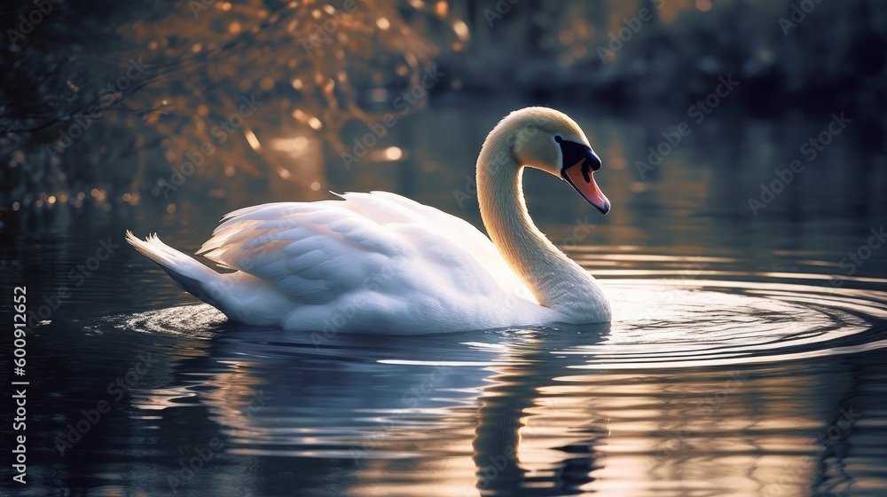 Fototapeta premium A graceful swan floating on a pond. AI generated