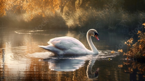 A graceful swan floating on a pond. AI generated