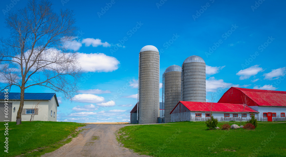 Tranquil countryside landscape with white clouds, tall silos, rustic red rooftop houses, and white barn over the green hill with a curving dirt road