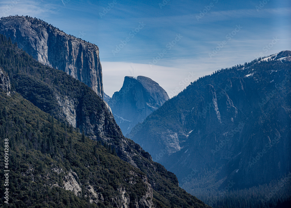 Yosemite NP, CA, USA - March 29, 2022:  Majestic views of granite formations, waterfalls, lakes and streams located within this popular destination.