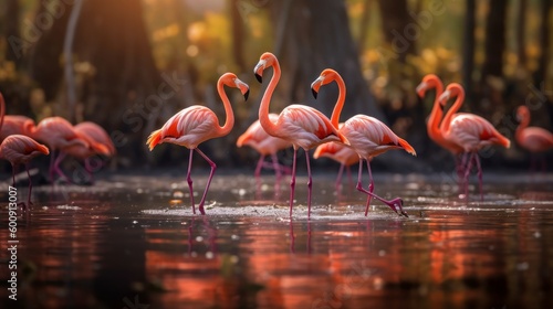 A group of flamingos wading in a pond. AI generated
