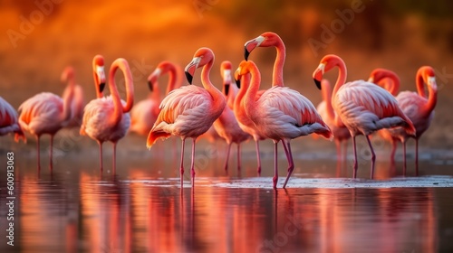 Foto A group of flamingos wading in a pond. AI generated