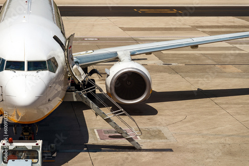 Close-up view of airplane on airfield in airport.