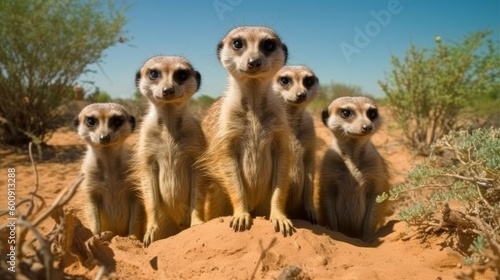 A group of meerkats standing guard at their burrow. AI generated