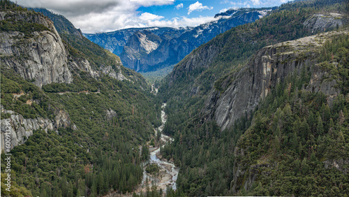 Yosemite NP, CA, USA - March 29, 2022: Majestic views of granite formations, waterfalls, lakes and streams located within this popular destination.