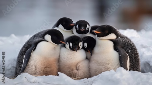 A group of penguins huddling together to stay warm. AI generated