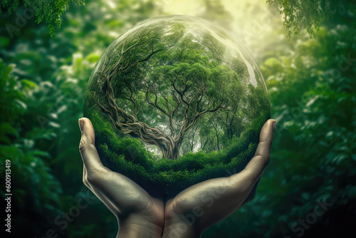 Hands holding a green tree globe on a summer background of tropical nature, the concept of ecology and the environment. Generative AI