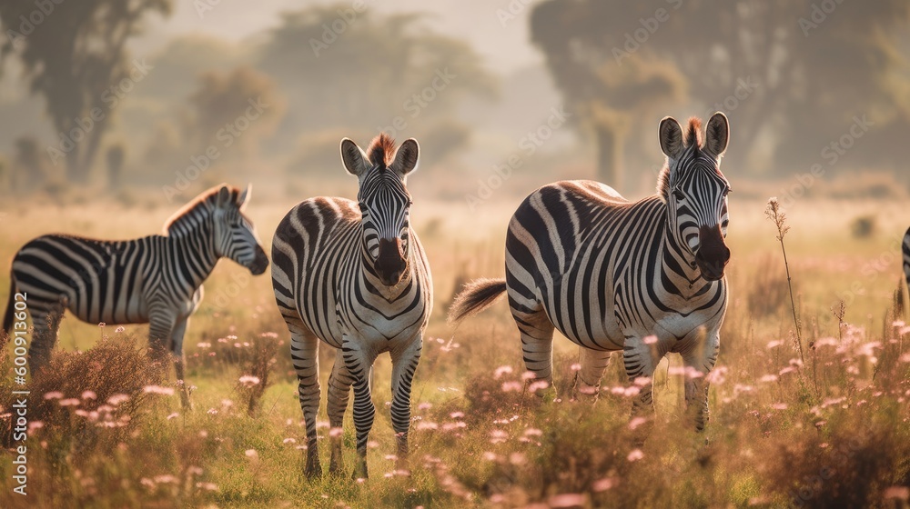 Fototapeta premium A group of zebras grazing in a field. AI generated